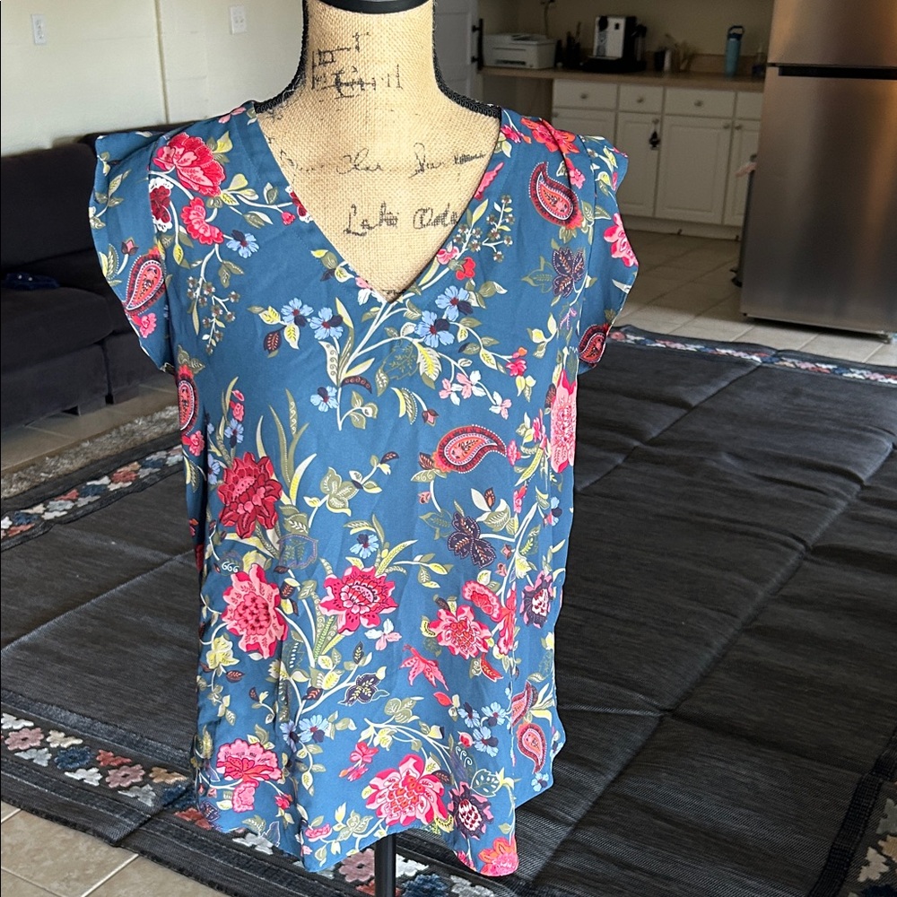 LOFT Floral V-Neck Blouse in Blue and Red